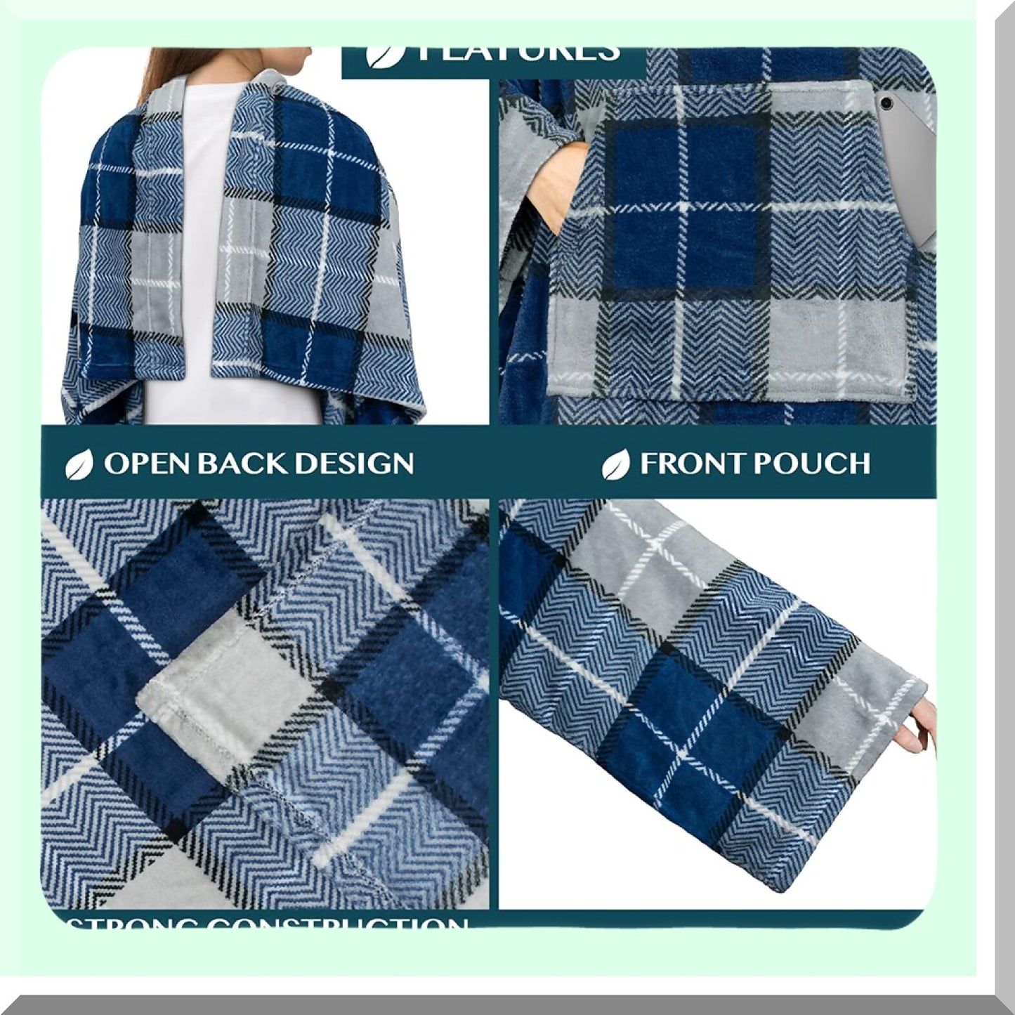 CozyWrap Plaid Navy Fleece Blanket with Sleeves - Soft, Warm Full Body Throw with Pocket, Perfect Gift for Adults, Women, Men, Mom, Wife