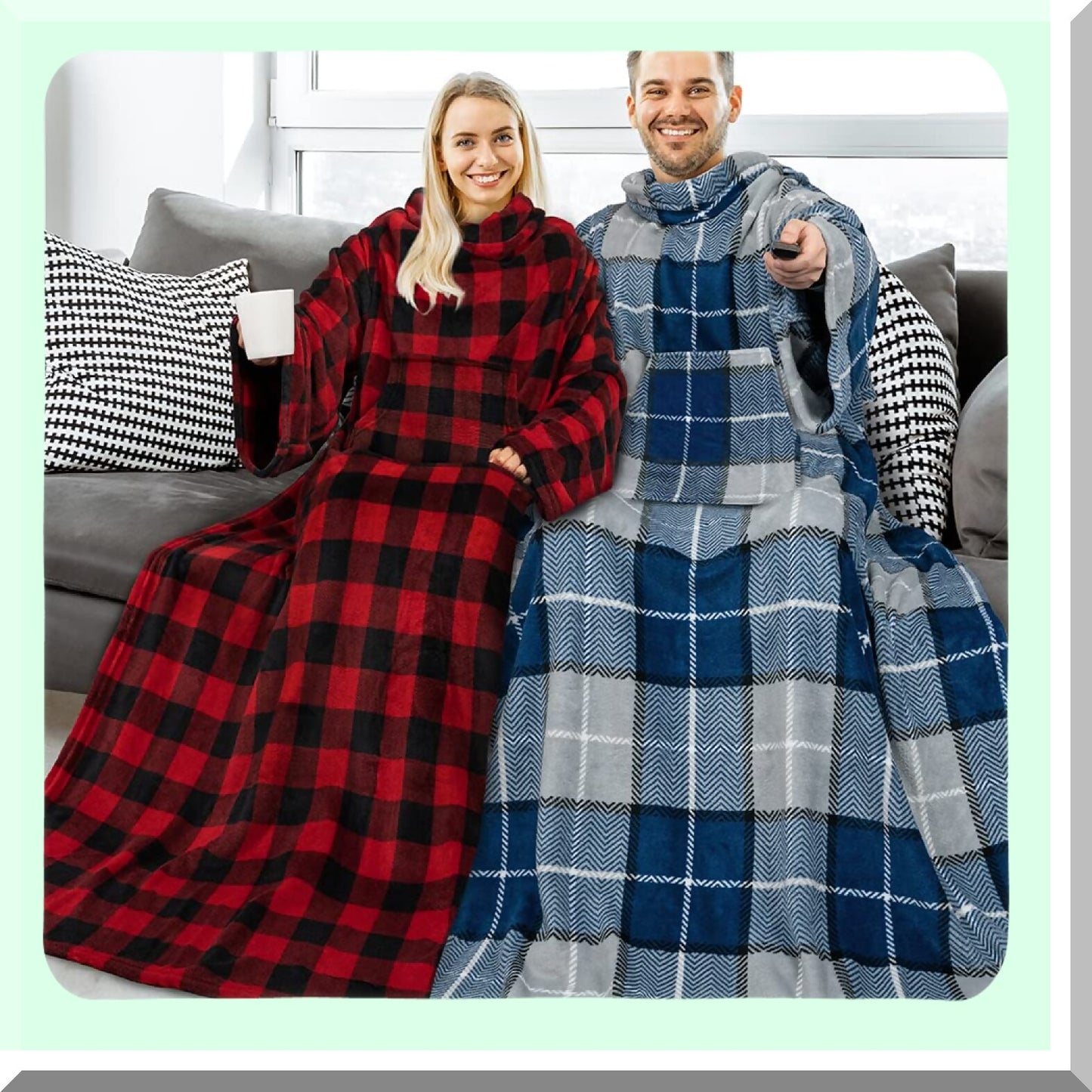 CozyWrap Plaid Navy Fleece Blanket with Sleeves - Soft, Warm Full Body Throw with Pocket, Perfect Gift for Adults, Women, Men, Mom, Wife