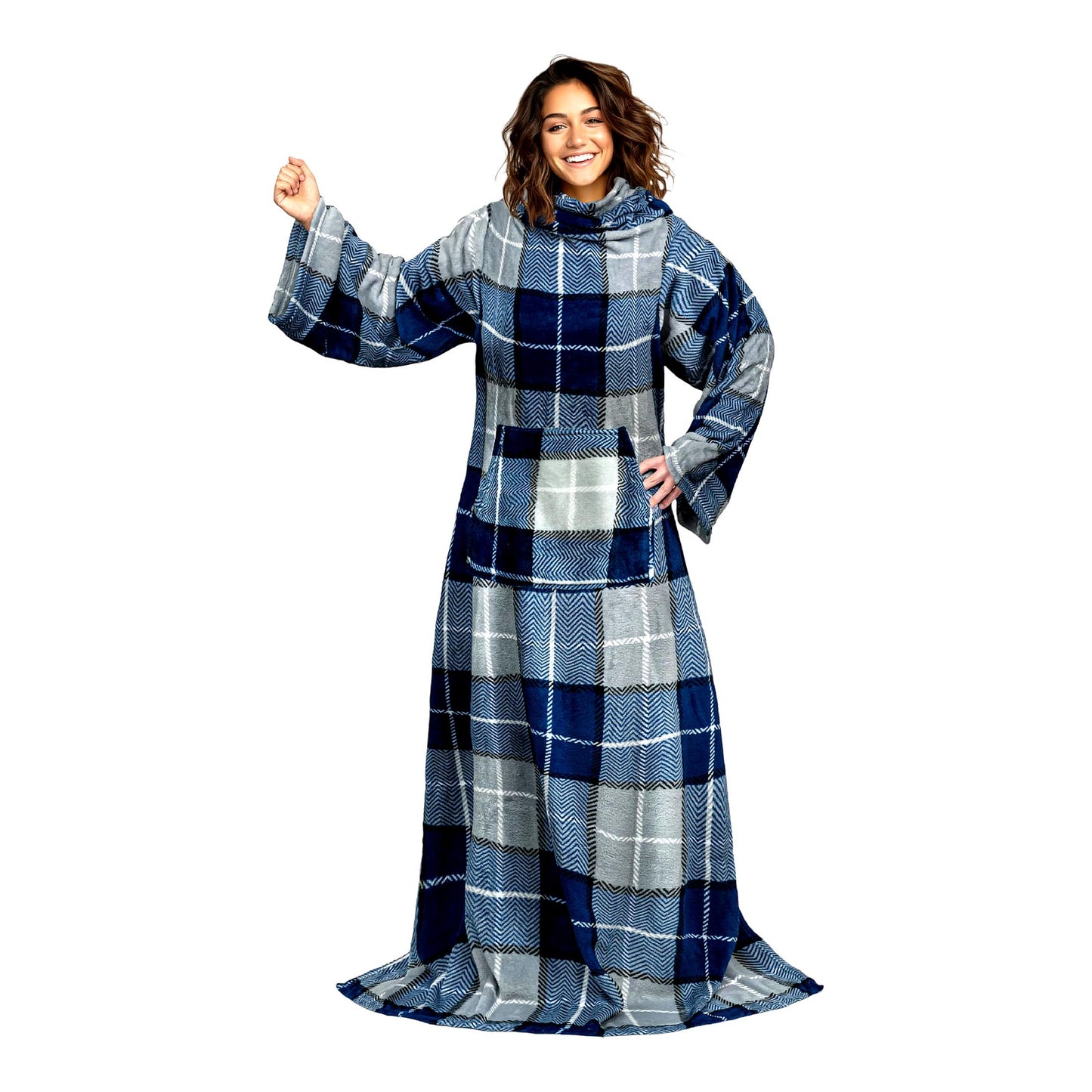 CozyWrap Plaid Navy Fleece Blanket with Sleeves - Soft, Warm Full Body Throw with Pocket, Perfect Gift for Adults, Women, Men, Mom, Wife