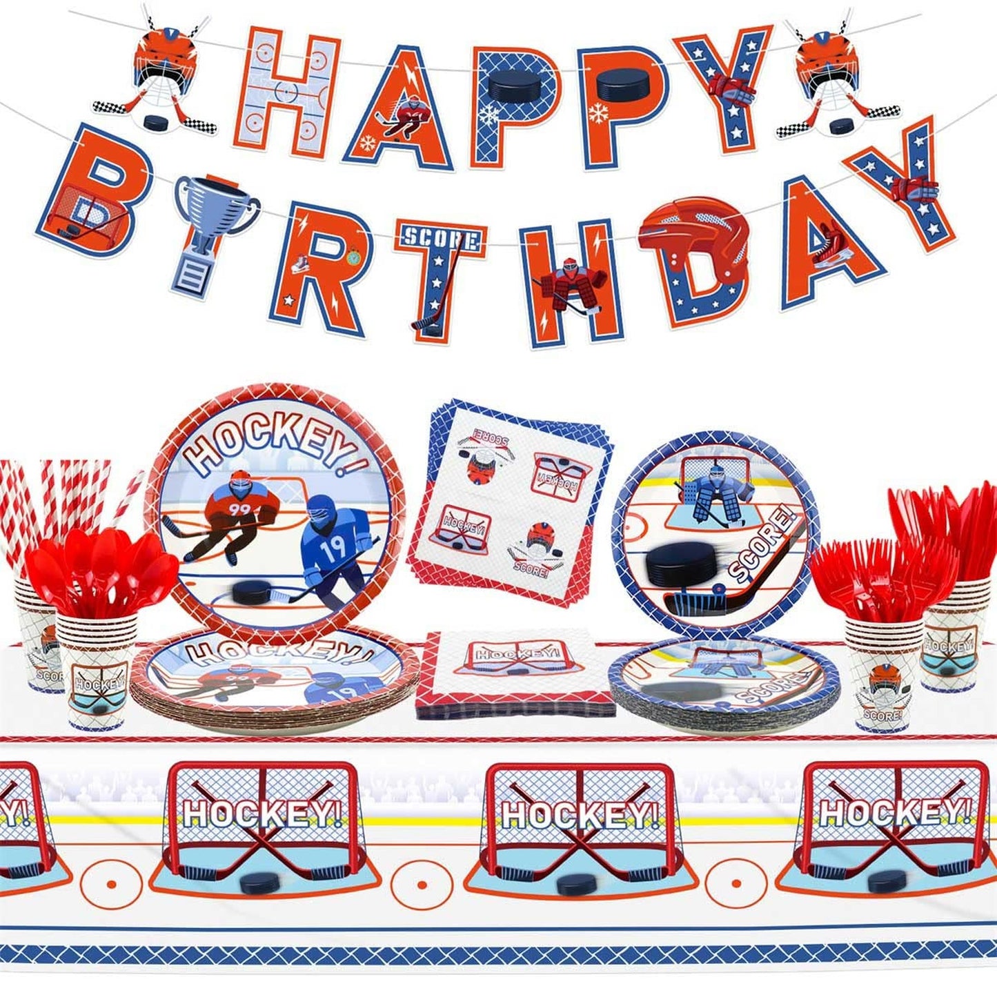 Hockey Fanatics Party Pack - Complete Ice Hockey Birthday Set for 20 Guests with Plates, Cups, Napkins, Tableware, Tablecloth, and Banner