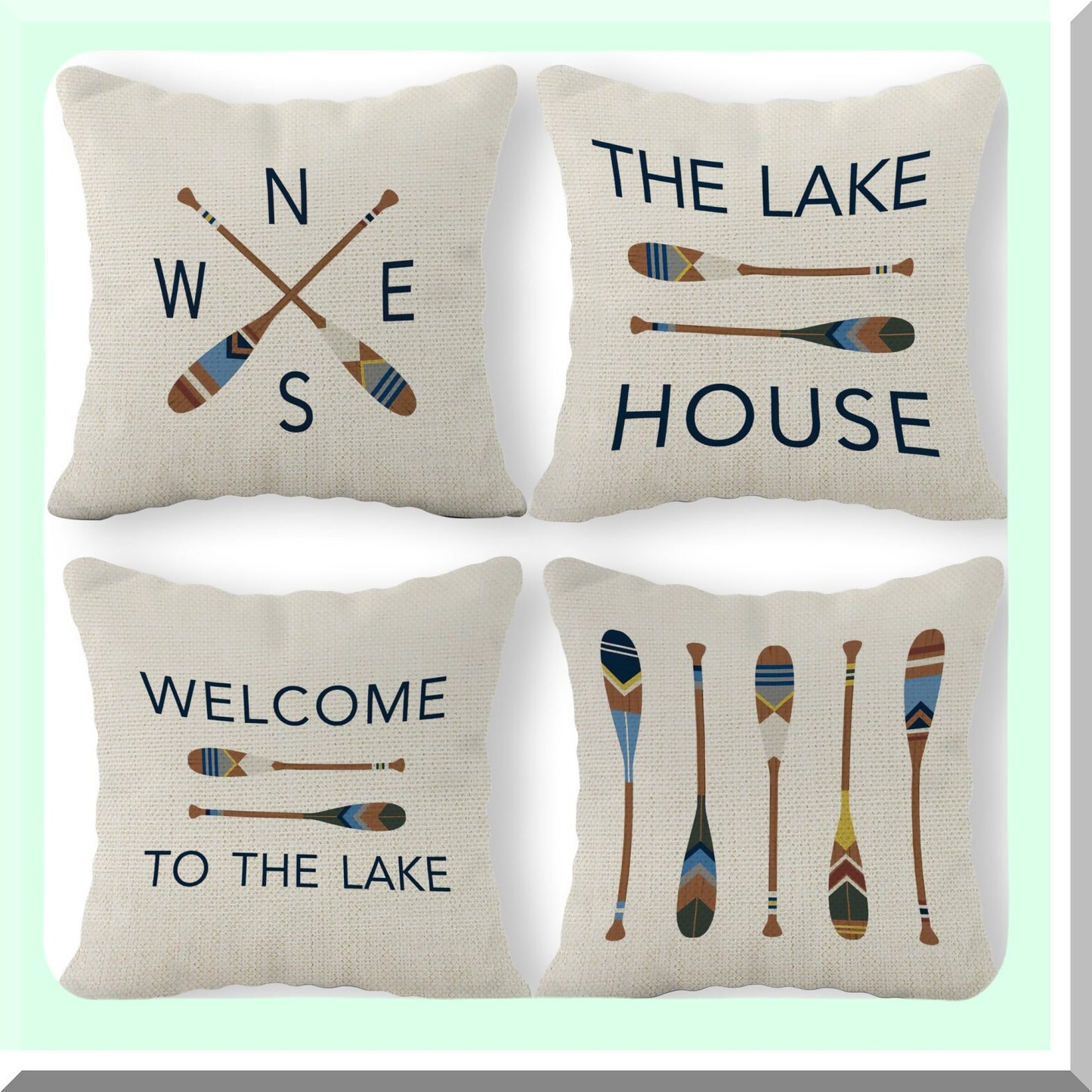 Rustic Lake Retreat Pillow Set - 18x18 Inch, Set of 4 - Paddle & House Rules Decor - Cozy Lake House Room Pillows Cover for Sofa, Couch, Bed