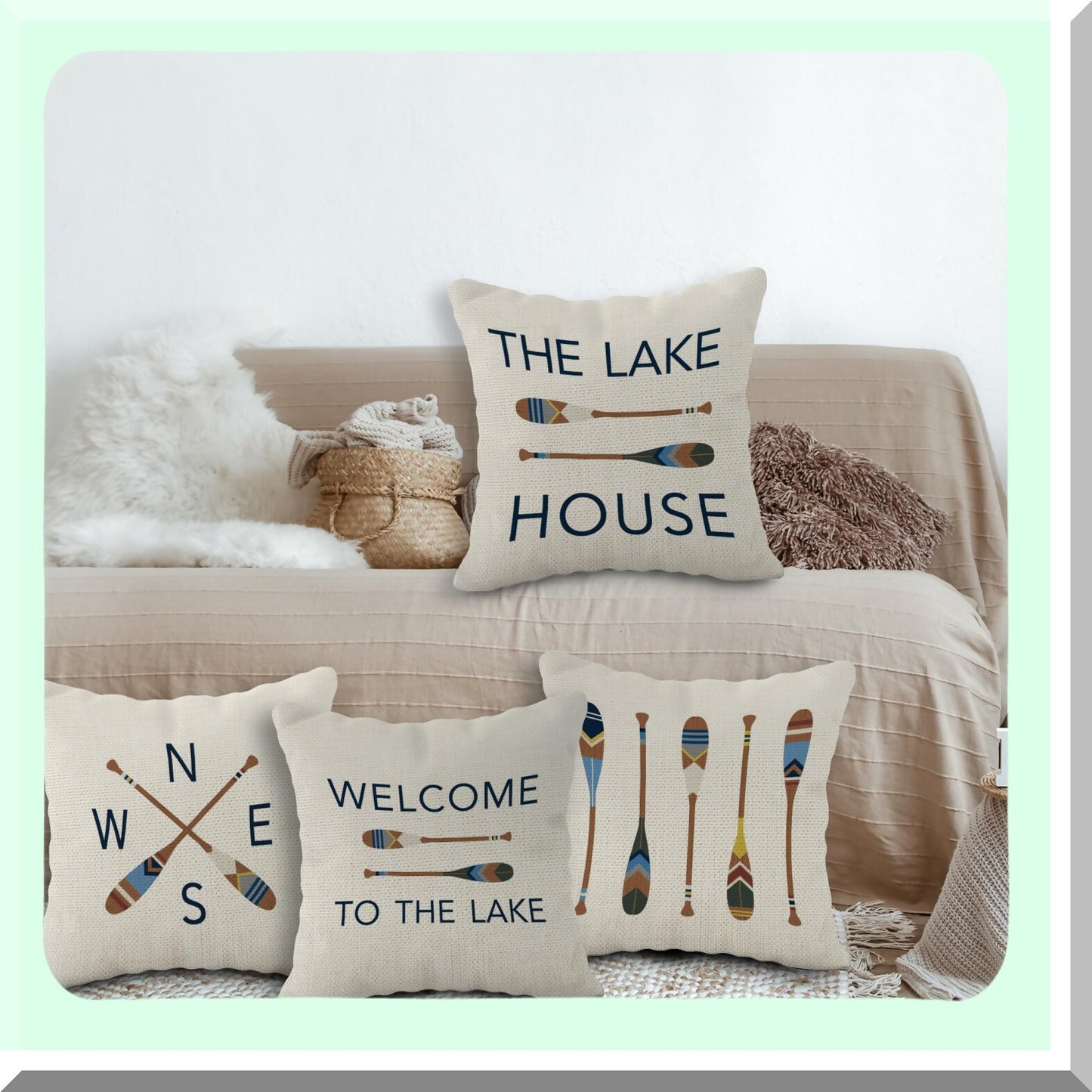 Rustic Lake Retreat Pillow Set - 18x18 Inch, Set of 4 - Paddle & House Rules Decor - Cozy Lake House Room Pillows Cover for Sofa, Couch, Bed