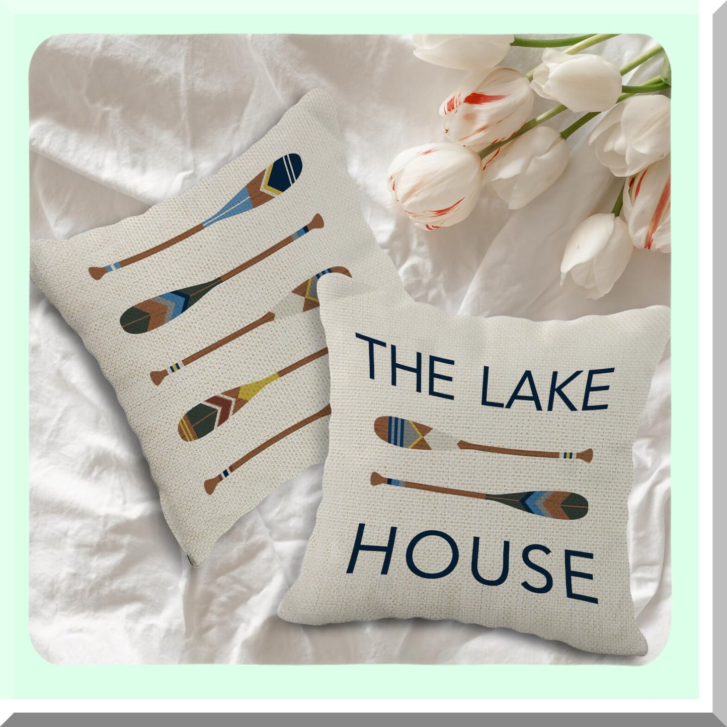 Rustic Lake Retreat Pillow Set - 18x18 Inch, Set of 4 - Paddle & House Rules Decor - Cozy Lake House Room Pillows Cover for Sofa, Couch, Bed