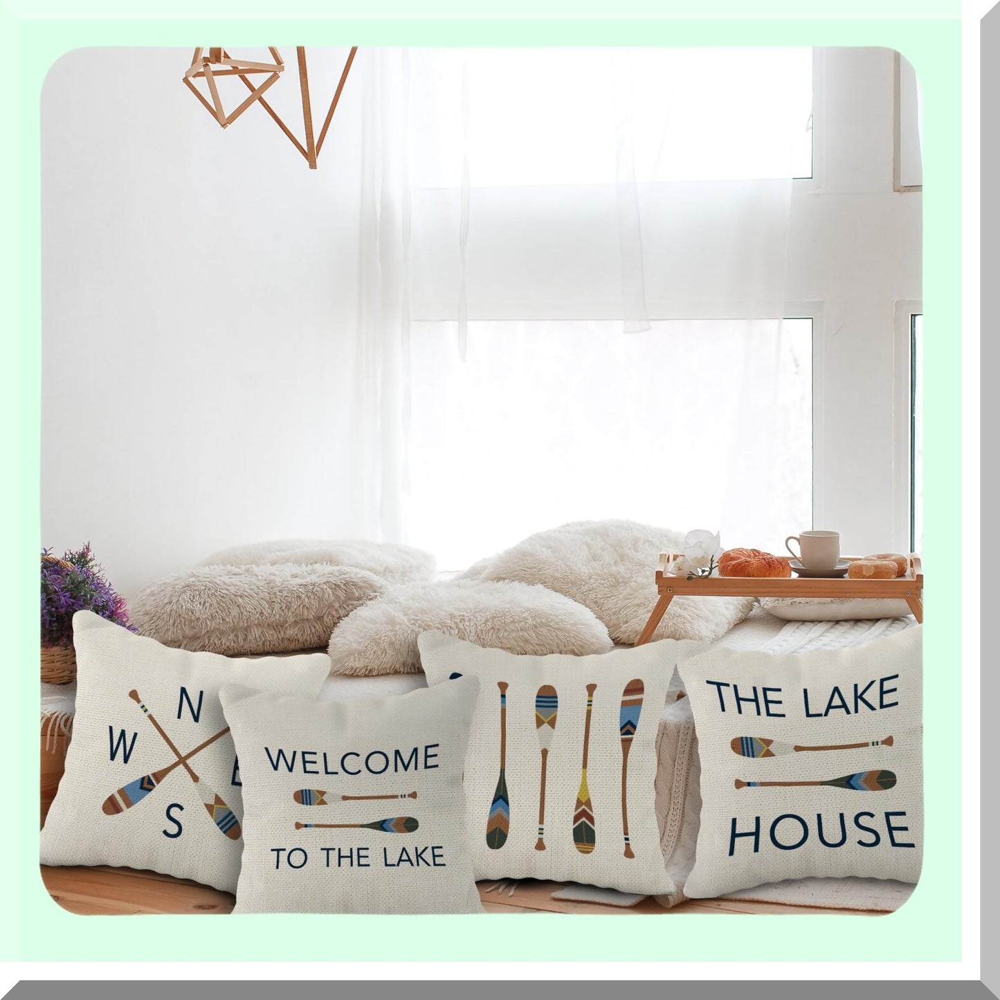 Rustic Lake Retreat Pillow Set - 18x18 Inch, Set of 4 - Paddle & House Rules Decor - Cozy Lake House Room Pillows Cover for Sofa, Couch, Bed