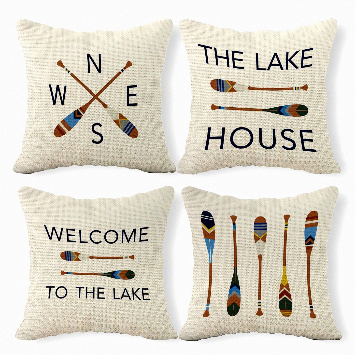 Rustic Lake Retreat Pillow Set - 18x18 Inch, Set of 4 - Paddle & House Rules Decor - Cozy Lake House Room Pillows Cover for Sofa, Couch, Bed