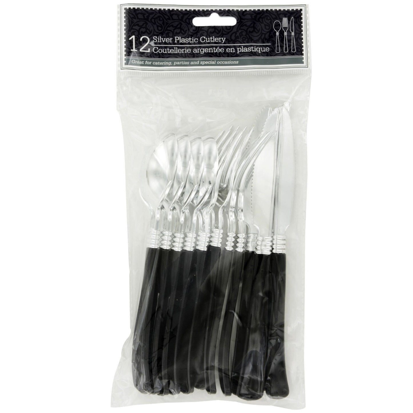 Silver Plastic Utensils with Black Handles, 12-ct. Packs (Pack of 4)