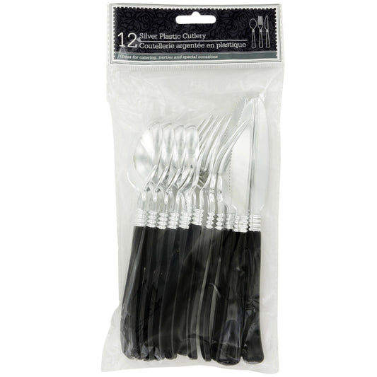 Silver Plastic Utensils with Black Handles, 12-ct. Packs (Pack of 4)