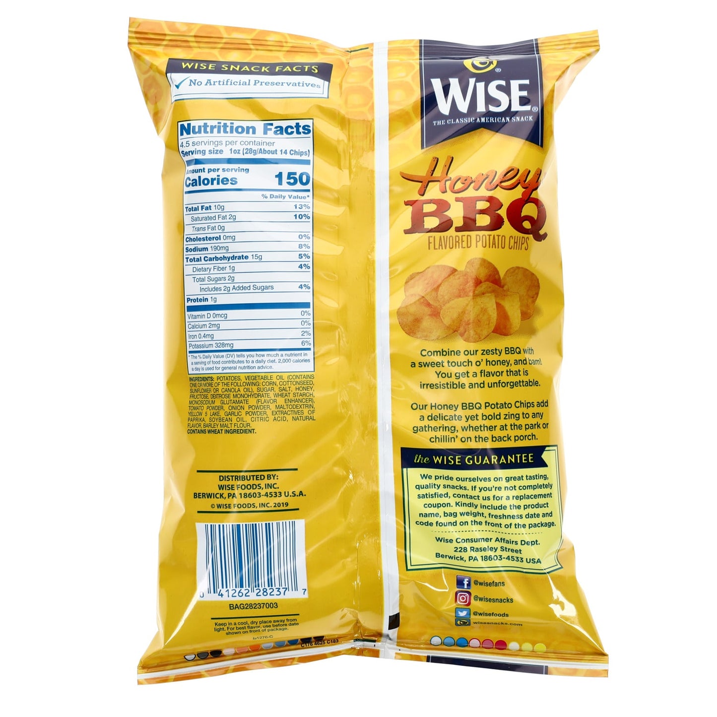 Wise Honey BBQ Flavored Potato Chips, 5 oz. Bags (Pack of 18)