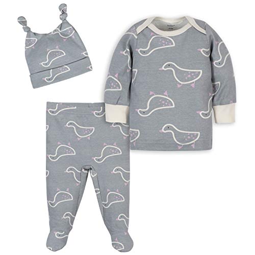 Baby Girls 3-Piece Shirt, Footed Pant, and Cap Set, Grey/Ivory, 6-9 Months