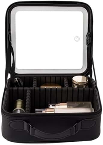 Travel Cosmetic Bag with Lighted Mirror and Adjustable Compartments
