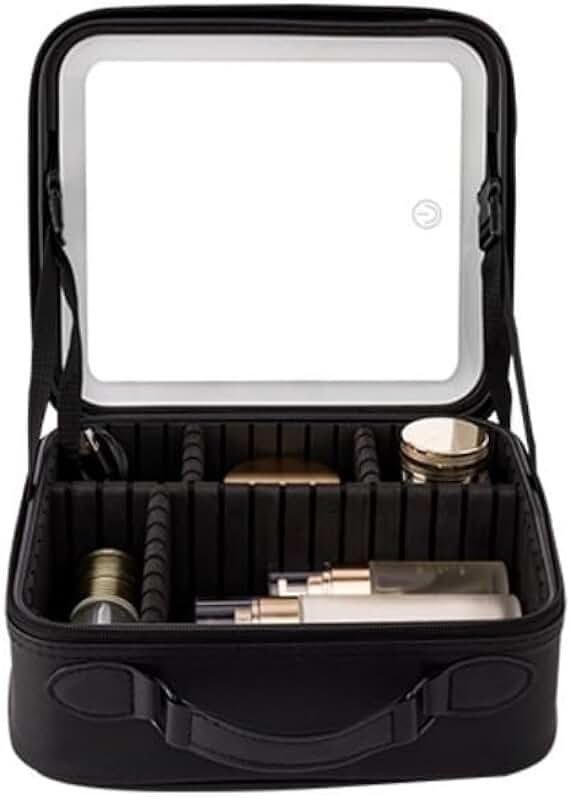 Travel Cosmetic Bag with Lighted Mirror and Adjustable Compartments