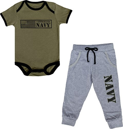 U. S. Navy 2pc Baby Boys Navy Bodysuit Pants Set Olive   Gray  0-3 Months