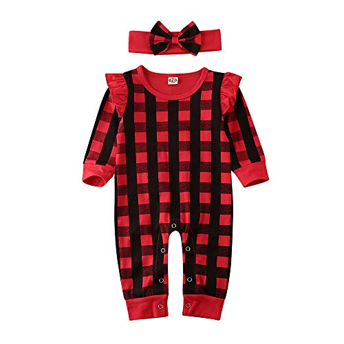 Infant Baby Girls Ruffle Plaid Jumpsuit Romper Long Sleeve One Piece Outfit Fall Winter   Clothes (Ruffle Red Plaid, 3-6 Months)