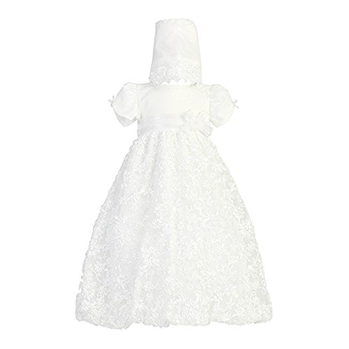 Long White Embroidered   Ribbon Tulle Baby Girl Christening Baptism Special Occasion   Dress Gown with Matching Hat - S (3-6 Month, 8-12 lbs)