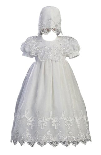 White Embroidered Organza Christening Baptism Gown with Bonnet - S (3-6 Month)