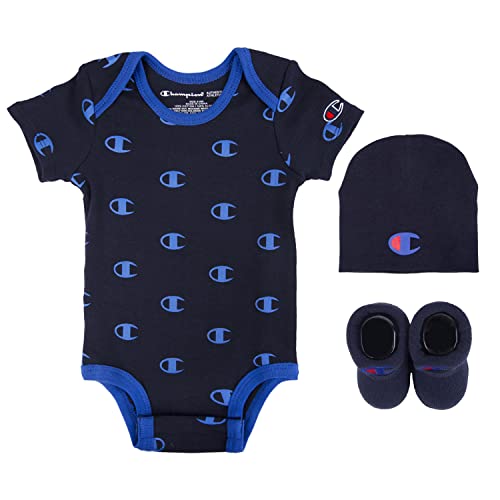 Baby Print Infant 3-pc Box Includes a Body Suit, a Bib OR Hat and Pair of Booties in Multiple Colors, All Over C-Navy 410, 0-6