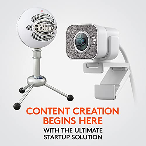 StreamCam Premium Webcam, Full HD 1080p 60 fps, Premium Glass Lens, Smart Auto-Focus, White and Blue Snowball USB Microphone - Textured White