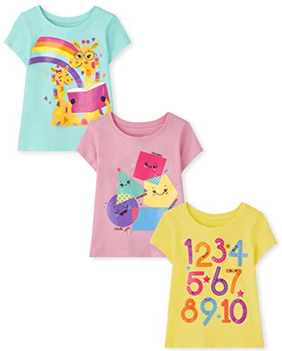 Baby Toddler Girls Short Sleeve Graphic T-Shirt 3-Pack, Numbers/Shapes/Giraffe, 2T