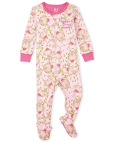 Baby Single and Toddler Girls Snug Fit 100% Cotton Zip-Front One Piece Footed Pajama, Allover Monkey, 0-3 Months