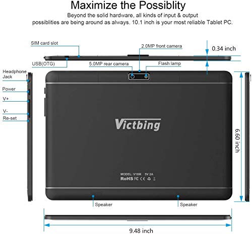 Tablet 10 inch Android 9.0 Pie, Quad-Core, 32GB Google , Unlocked Phone Tablets with Dual SIM Card Slots & Cameras & Speakers, IPS Full Display, WiFi, Bluetooth, GPS, Black