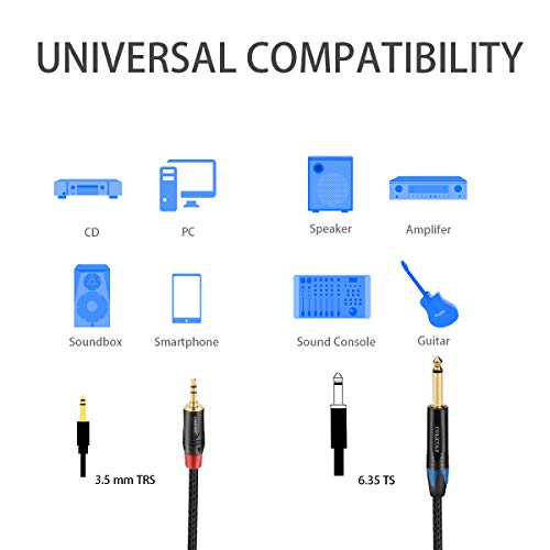 1/4 Mono to 3.5mm Stereo Cable, 1/4 inch TS Mono to 1/8 inch TRS Stereo Interconnect Audio Adapter Cord - 6.6ft