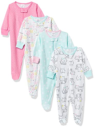 baby girls 4-pack 'N Play Footies Multi Pack and Toddler Sleepers, Cats, 0-3 Months US