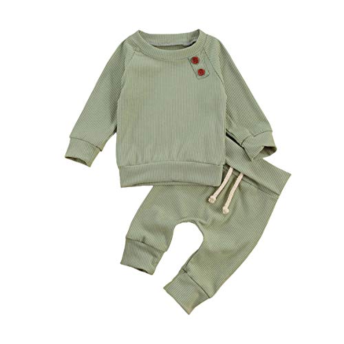 Infant Baby Boy Girl Fall Winter Clothes Basic Solid Cotton Pullover Sweatshirt Top Drawstring Pants Outfit Set  B-Green, 0-3M