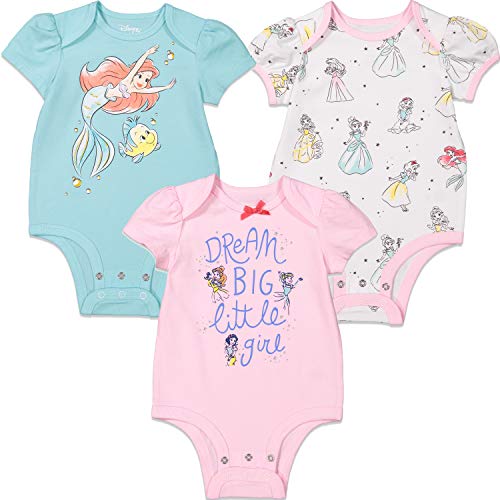 Princess Ariel Cinderella Belle Baby Girls 3 Pack Cuddly Bodysuit 6-9 Months