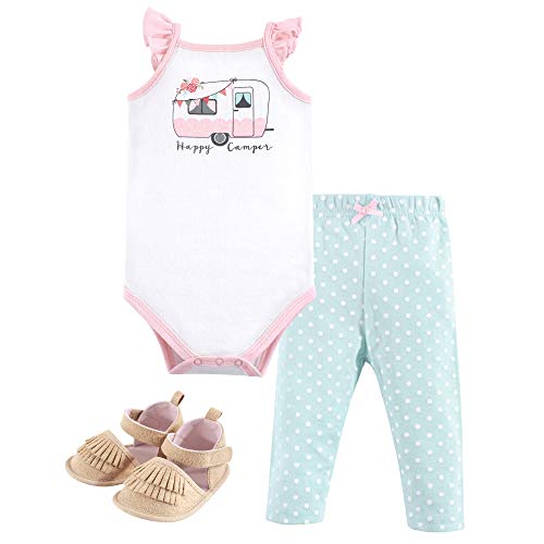 Uni   Cotton Bodysuit, Pant and Shoe Set, Pink Happy Camper, 0-3 Months