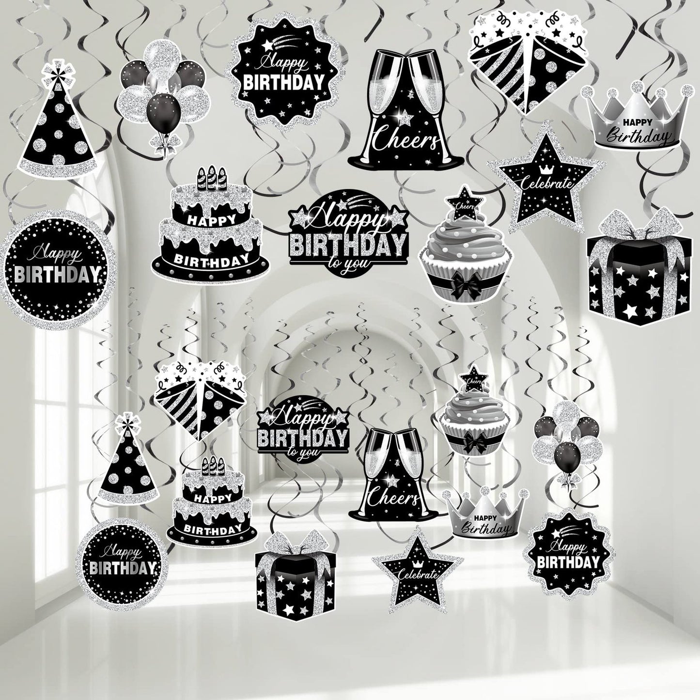 Birthday Blast Swirls - 30-Piece Hanging Decorations for Kids, Women, Men. Black & Silver Ceiling Streamers to Elevate Your Birthday Party Vibes!