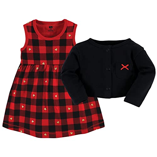 girls  Cotton and Cardigan Set, Gold Heart Buffalo Plaid, 0-3 Months Casual Dress, Gold Heart Buffalo Plaid, 3 Months US