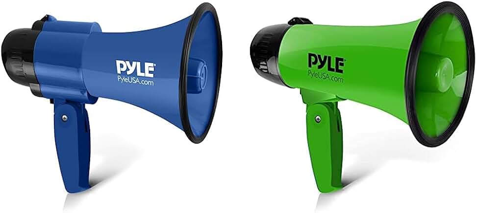 Battery-operated megaphone with siren in blue and green