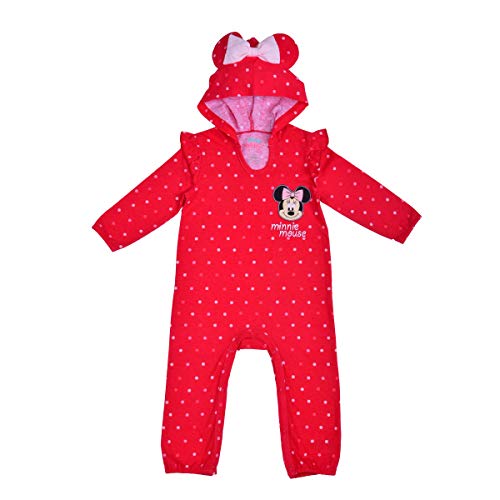 Girl's Minnie Mouse Footed Coverall Bodysuit Creeper with Hood, Red, Size 3M