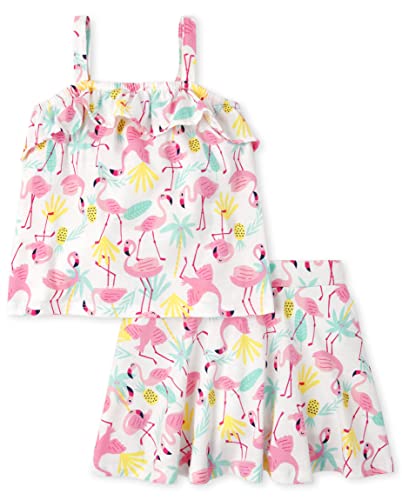 Baby and Toddler Girls Sleeveless Ruffle Tank Top and Skort Set, Flamingo, 12-18 Months