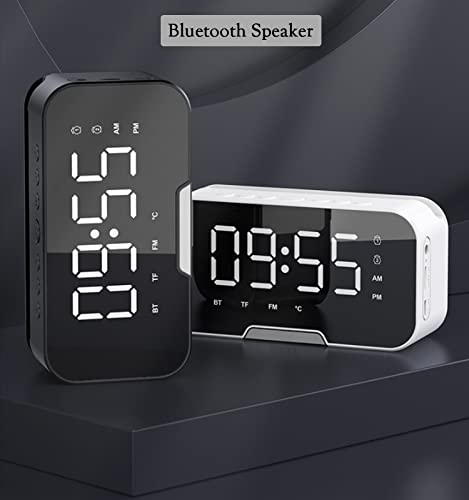 Bluetooth Speaker, LED Digital Alarm Clock Wireless Speaker with HD Time Display, Mirror Surface Rechargeable Speaker with FM Radio, Bright Adjustment, 2 Card Slot for Phones Tablets Computer (Black)