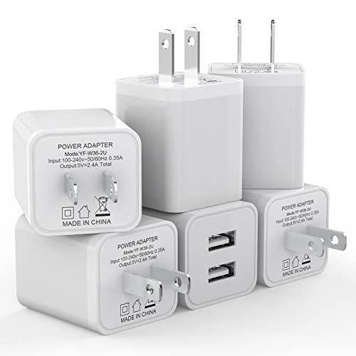 6-Pack USB Wall Charger with Dual Ports, 2.4A, White
