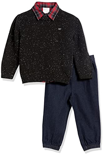 Baby Boys  3-Piece Sweater Set with Matching Button-Down Shirt and Pants, Deep Black, 0-3 Months