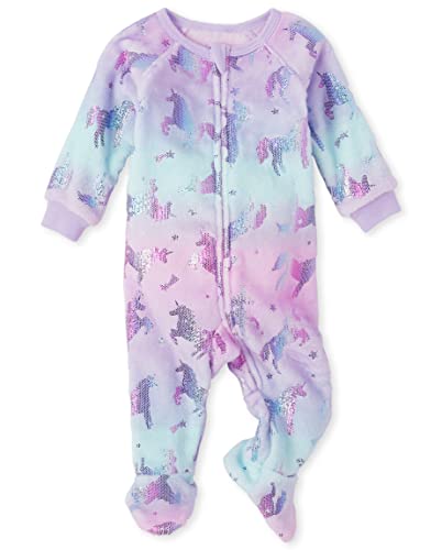 Baby Single and Toddler Girls Fleece Zip-Front One Piece Footed Pajama, Allover Unicorn, 3-6 Months
