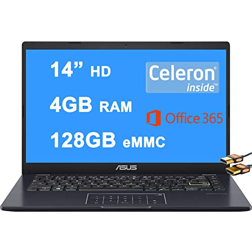 Flagship Vivobook E410MA Thin and Light Business Laptop 14 HD Display Intel Celeron N4020 4GB RAM 128GB eMMC Intel HD Graphics 600 Office365 Win10 (Blue) + HDMI Cable