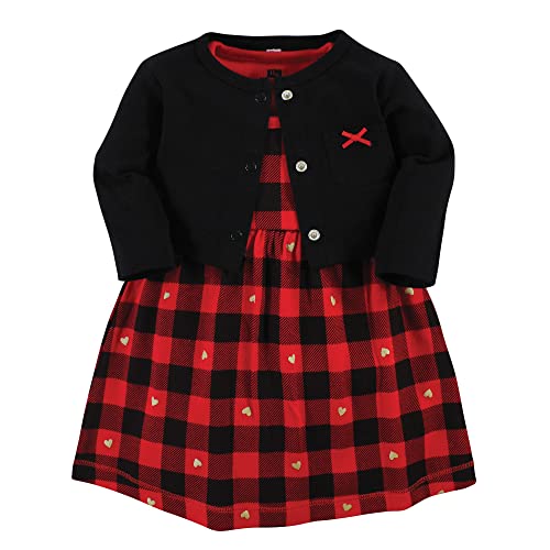 Girls Cotton Dress and Cardigan Set, Gold Heart Buffalo Plaid, 3-6 Months