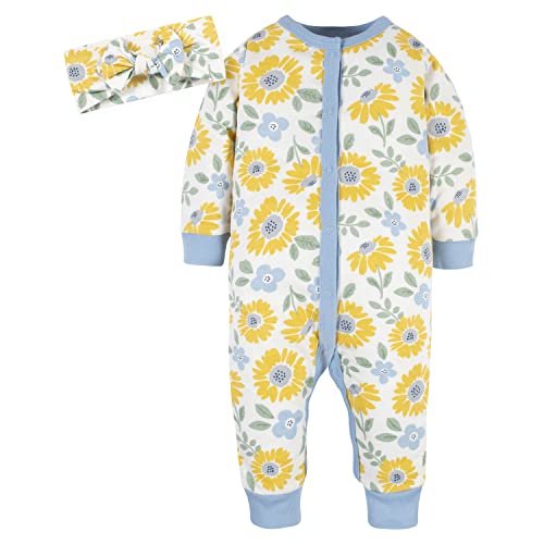 Baby Girls 2-Piece Boutique Coverall & Headband Set, Yellow Sunflower, 18 Months