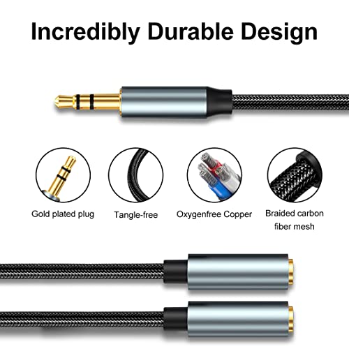 Headphone Splitter 3.5mm Y Splitter Audio Stereo Cable DC 3.5 Male to 2 Female Extension Cable Headphone Jack Adapter EarphoneHeadset Aux Cable for Laptop Speaker Smartphone1.14ft-M-2F,Black