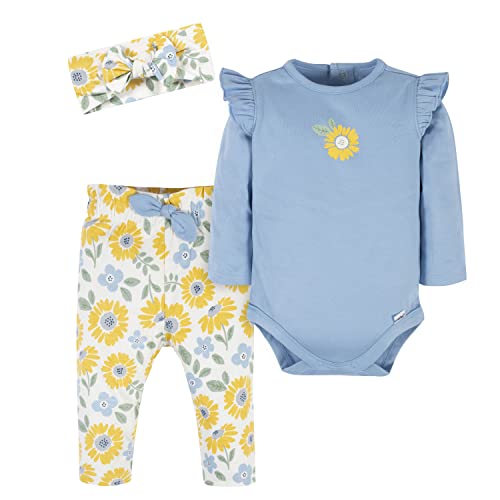Baby Girls 3-Piece Long Sleeve Onesies Bodysuit, Pants & Headband Set, Yellow Sunflower,