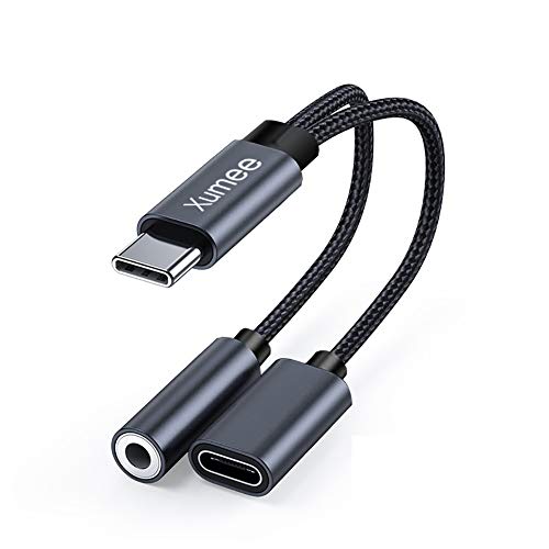 USB Type C to 3.5mm Headphone and Charger Adapter, 2-in-1 USB C to Aux Audio Jack Hi-Res DAC and Fast Charging Dongle Cable Compatible with Pixel 4 3 XL, Galaxy S22 S21 S20 S20+ Note 20 (Grey)