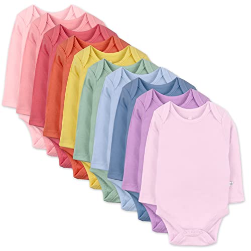 Baby 10-Pack  Cotton Long Sleeve Bodysuits, Rainbow Gems Pinks,