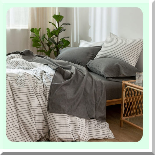 LuxeLinen Dark Grey Twin Bedding Set - 100% Washed Cotton, Breathable & Durable Sheets, Soft & Comfy Linen-Like Texture for a Cozy Night's Sleep.
