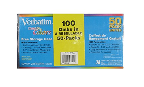100 floppies in 5 neon translucent colors, PC formatted 1.44 MB, 20 of each color