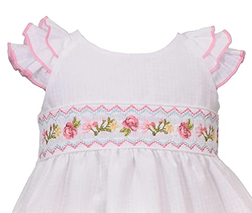 Baby Girls White Textured Pink Embroidered Roses Smocked Dress (3-6M)