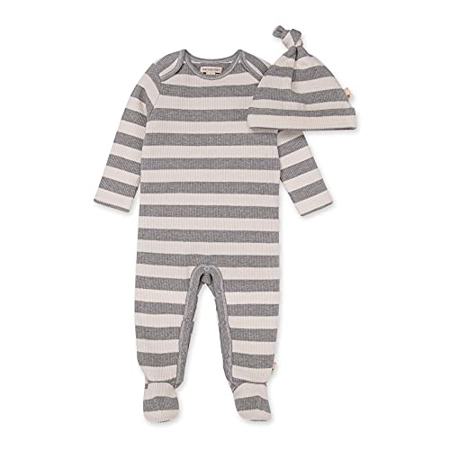 Burt s    Boy s Romper Jumpsuit, 100   Cotton One-Piece Coverall, Grey Stripe   Hat, 3 Months