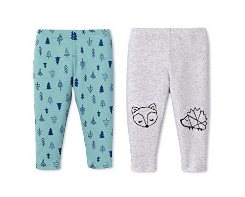 boys Pull on 2 Pack Leggings Pants, Grey Fox Green Trees, 3 Months US